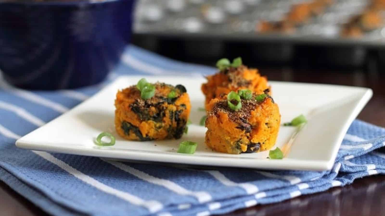 Three Sweet Potato Kale Bites on a plate.
