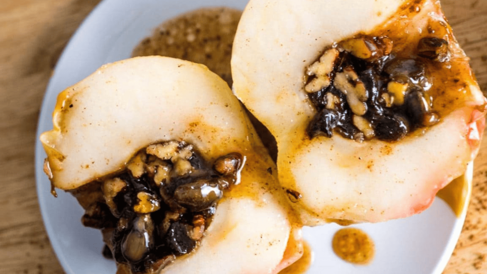 Air Fryer Baked Apples cut in half to show filling.