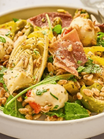 Antipasto Farro Salad in a bowl.