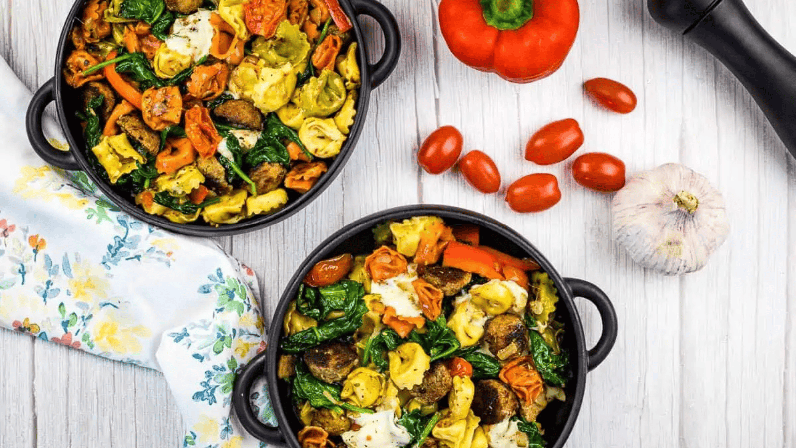 Blackstone Tortellini with Meatballs in two dishes.