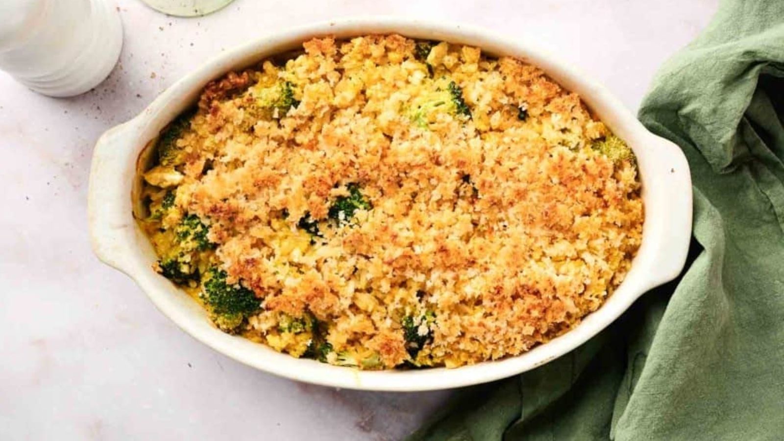 Overhead image of cheesy broccoli casserole.