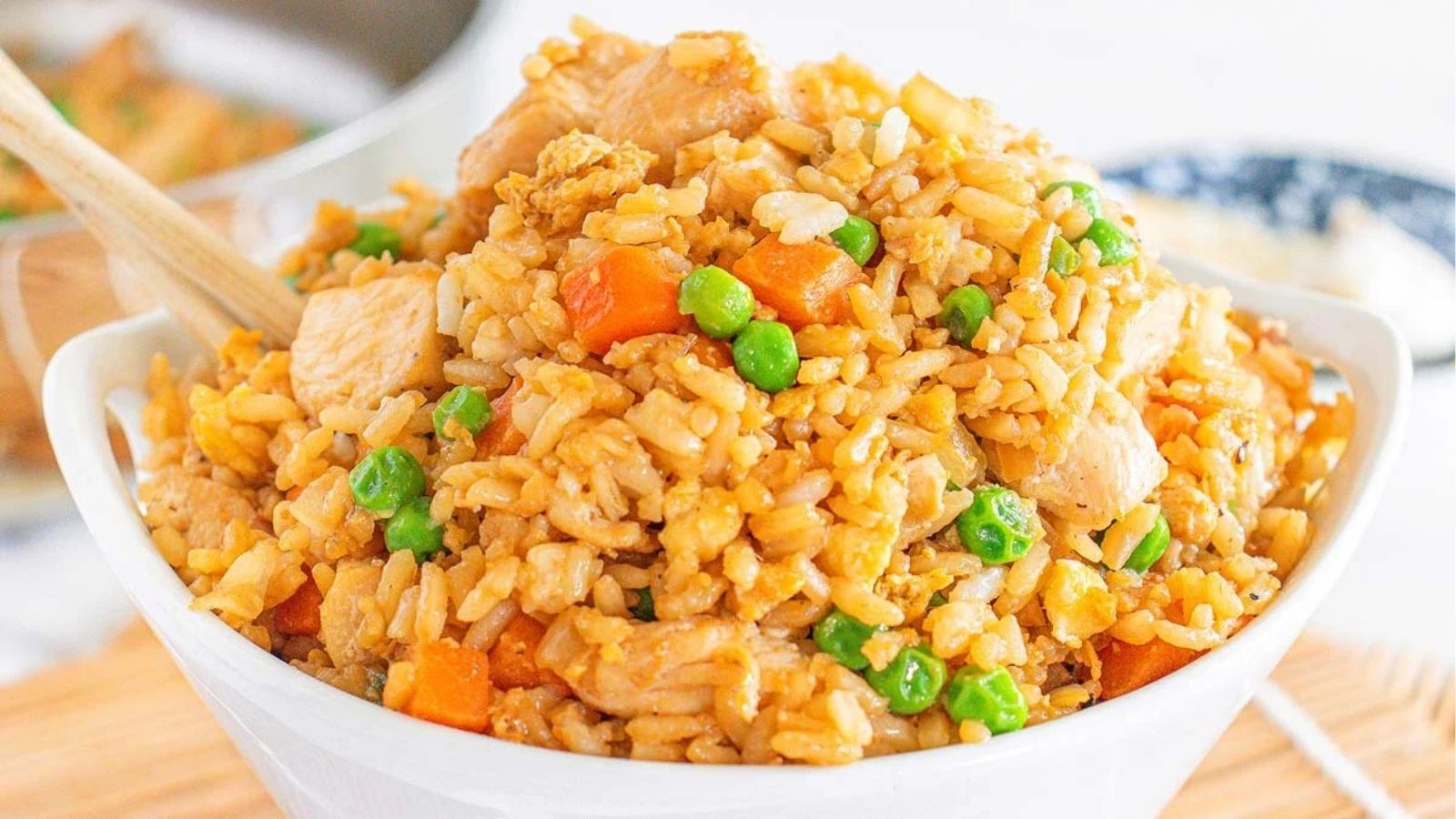Close-up of chicken fried rice.