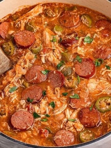 Close-up image of chicken and sausage gumbo in a pot.