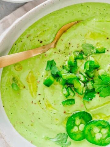 An overview of a bowl of Cold Avocado Soup.