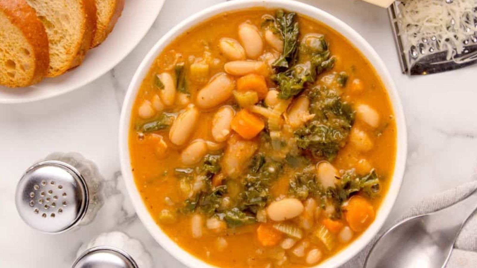 Overhead image of easy white bean soup in a bowl.