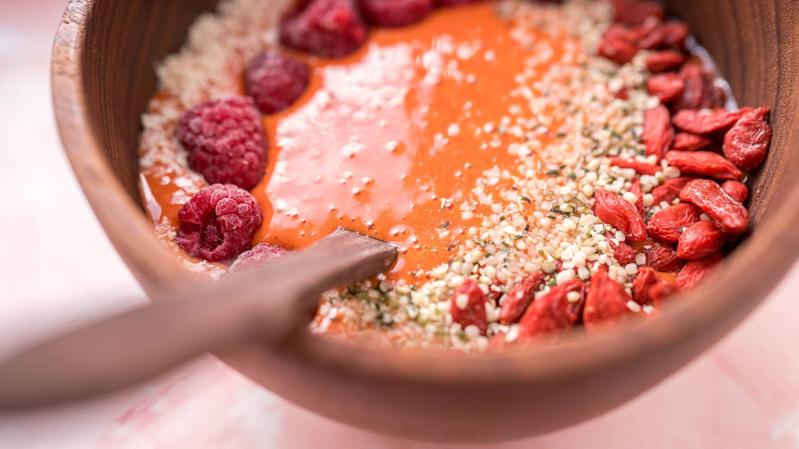 Goji Berry Smoothie Bowl close up.