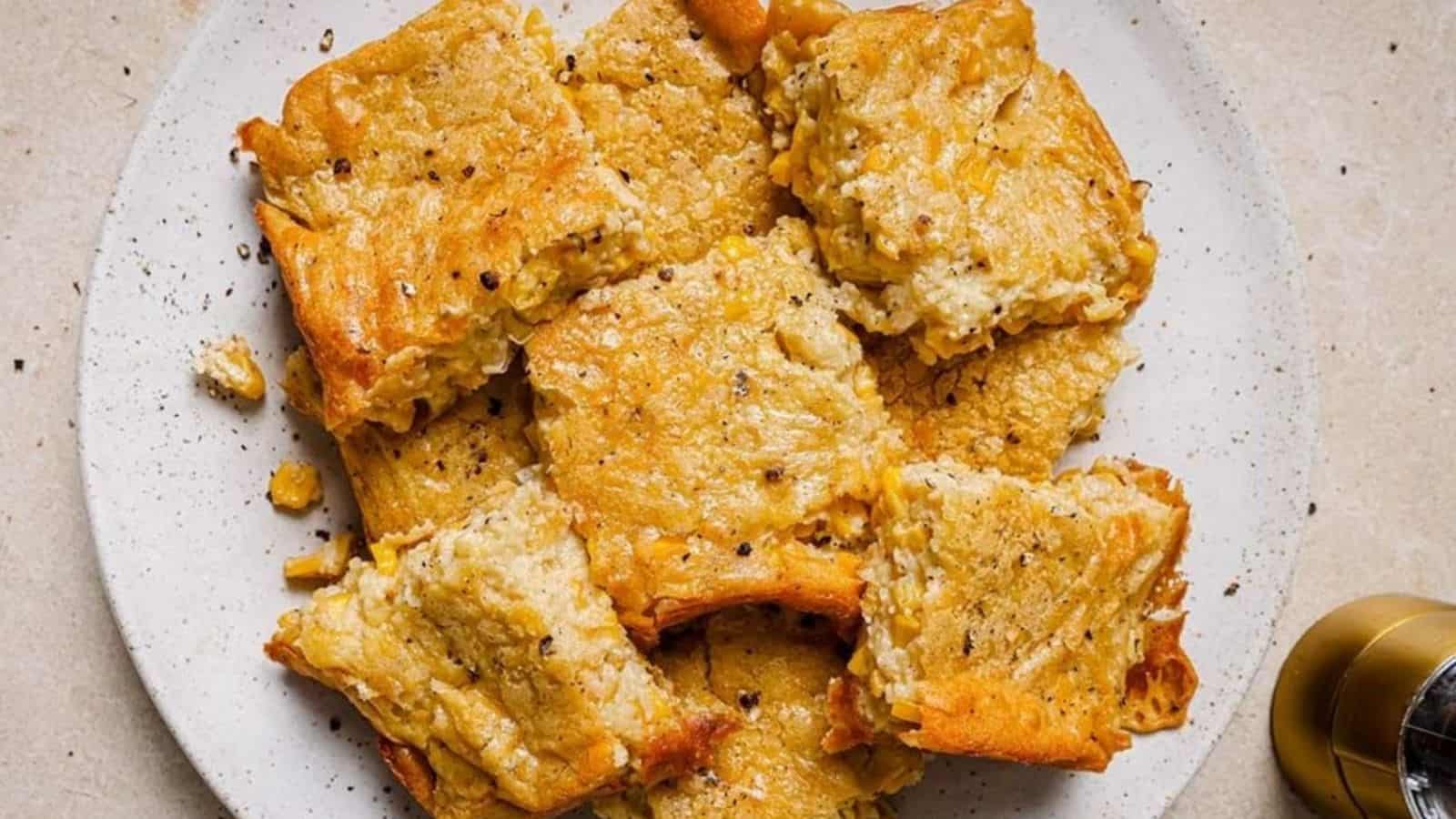 Overhead image of jiffy corn casserole on a plate.