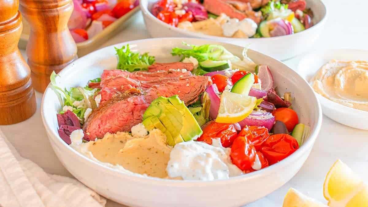A bowl of Mediterranean Steak Bowls.