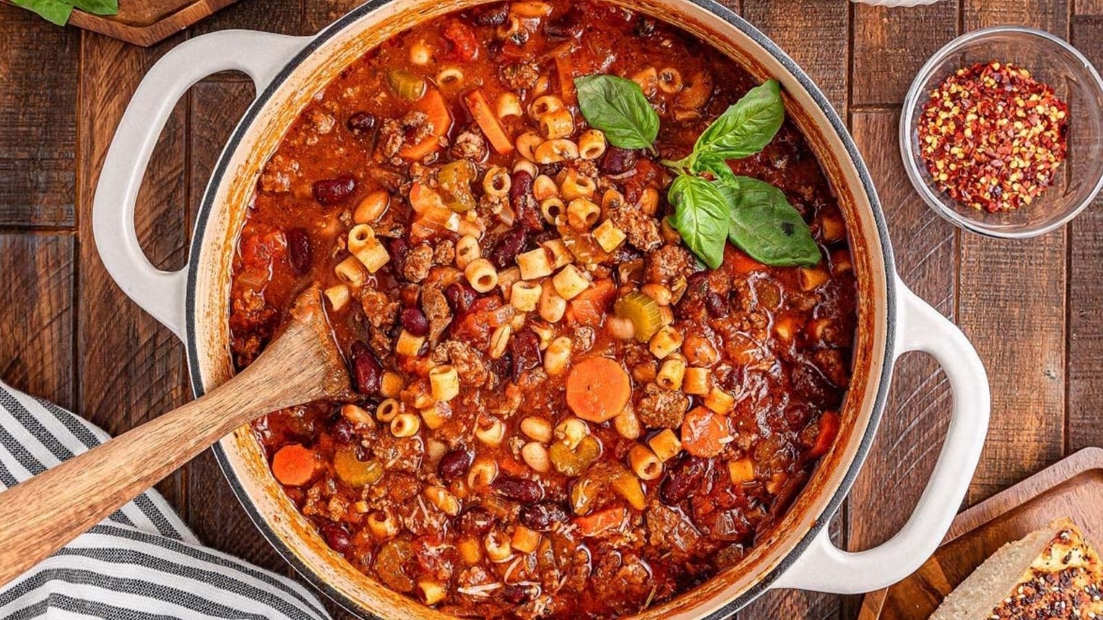 Overhead image of pasta e fagioli soup in a pot.