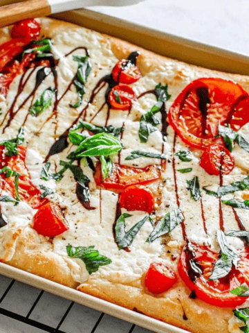 Sheet Pan Caprese Pizza top view.