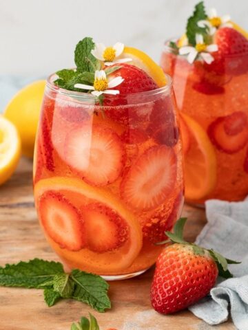 Close-up image of sparkling strawberry lemonade.