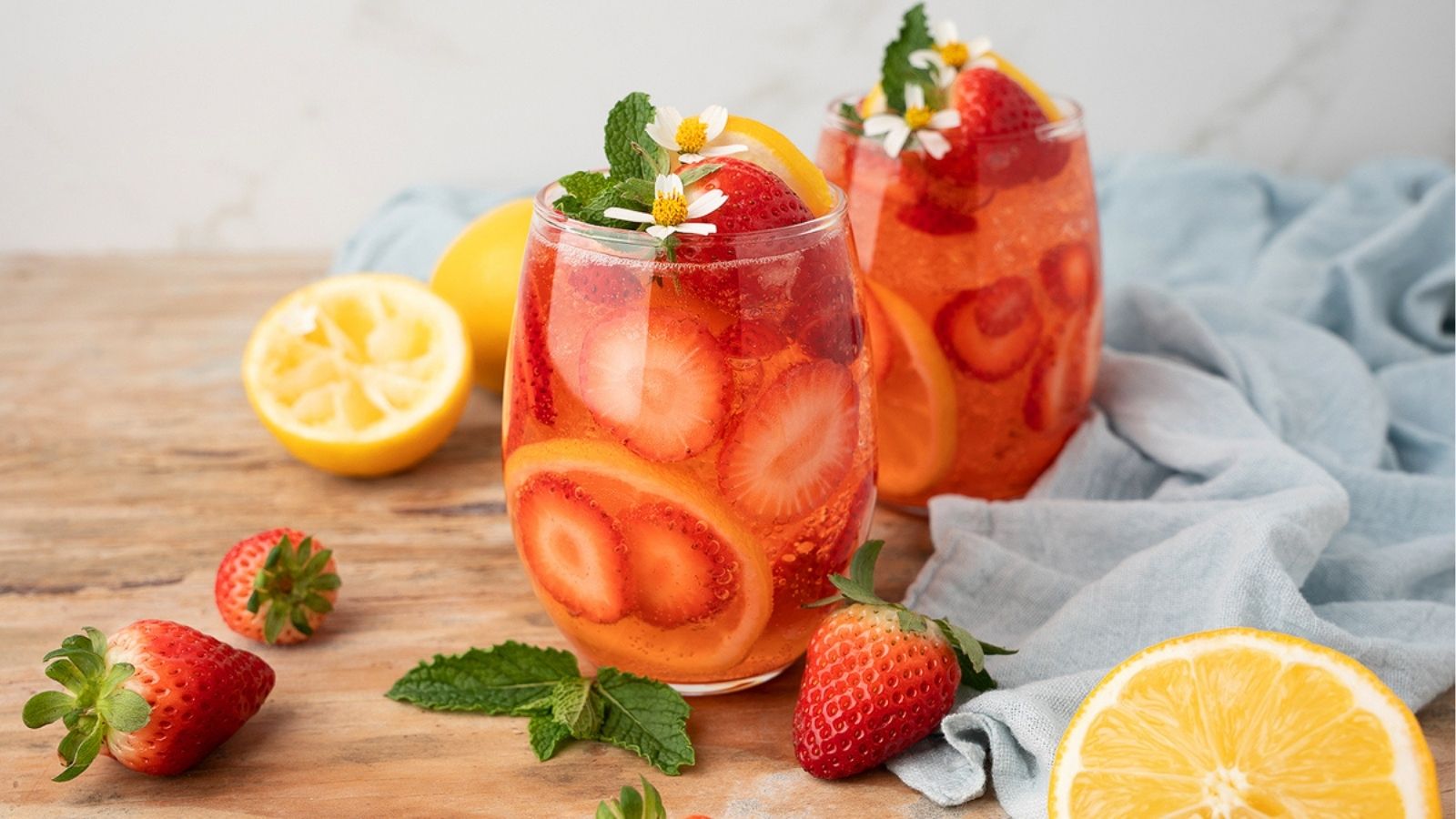 Close-up image of sparkling strawberry lemonade.