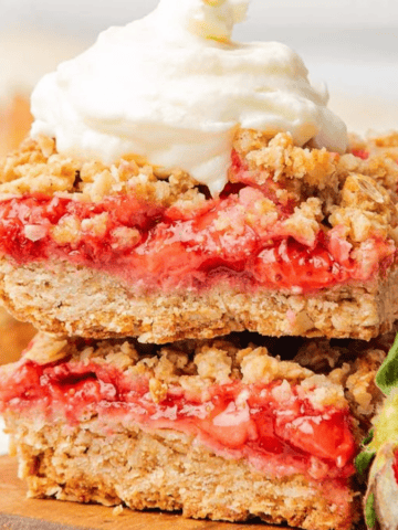 Strawberry Baked Oatmeal bars stacked.