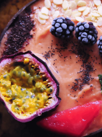 Watermelon Papaya Smoothie Bowl top view.