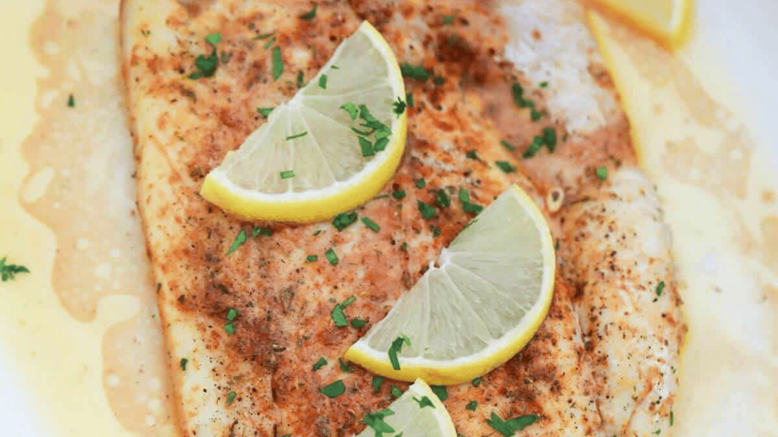 Baked butter fish on a plate with green beans.