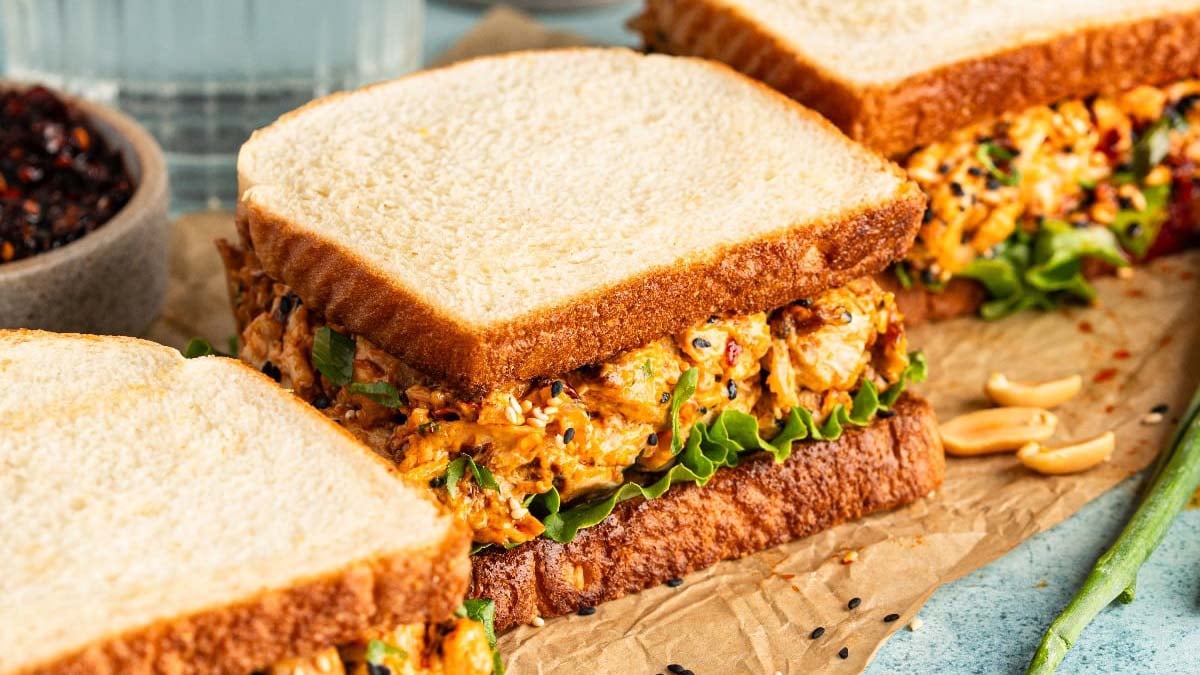 An image of three Chicken Salad Sandwich with Chili Crisp.