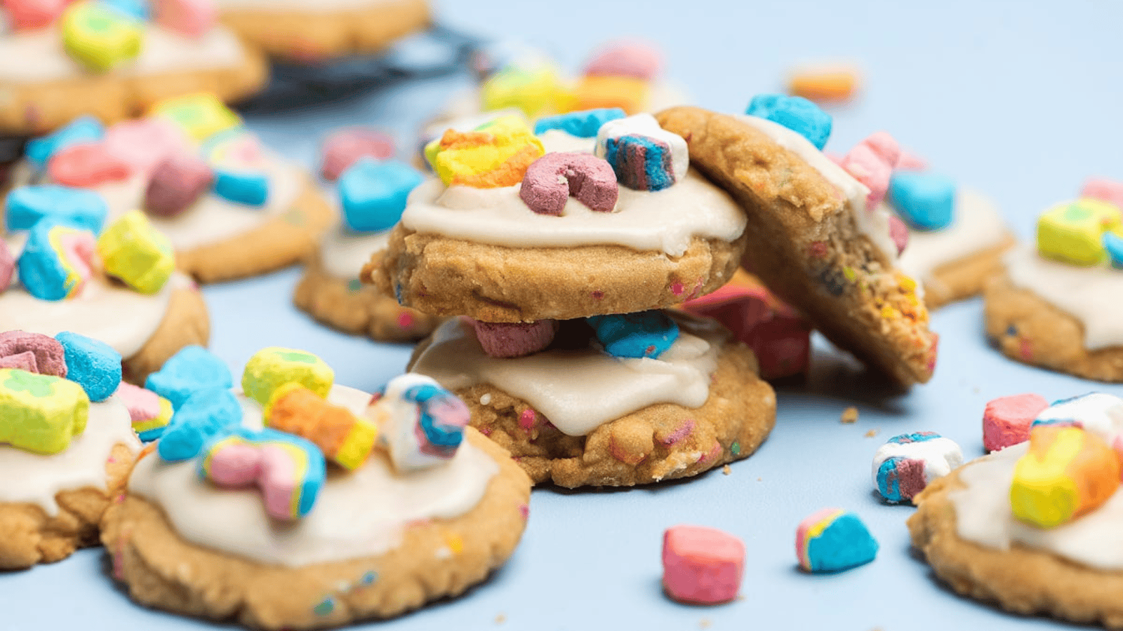Frosted Lucky Charms Cookies stacked.