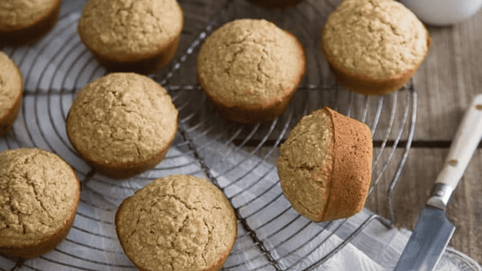 Irish Brown Bread Muffins on a cooling rack.