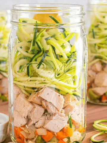 Mason Jar Chicken Zoodle Soup lined up.