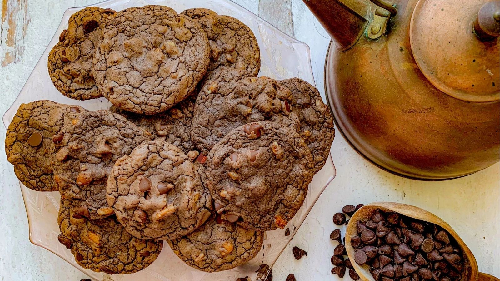Overhead image of brownie mix chocolate chip cookies on a plate.