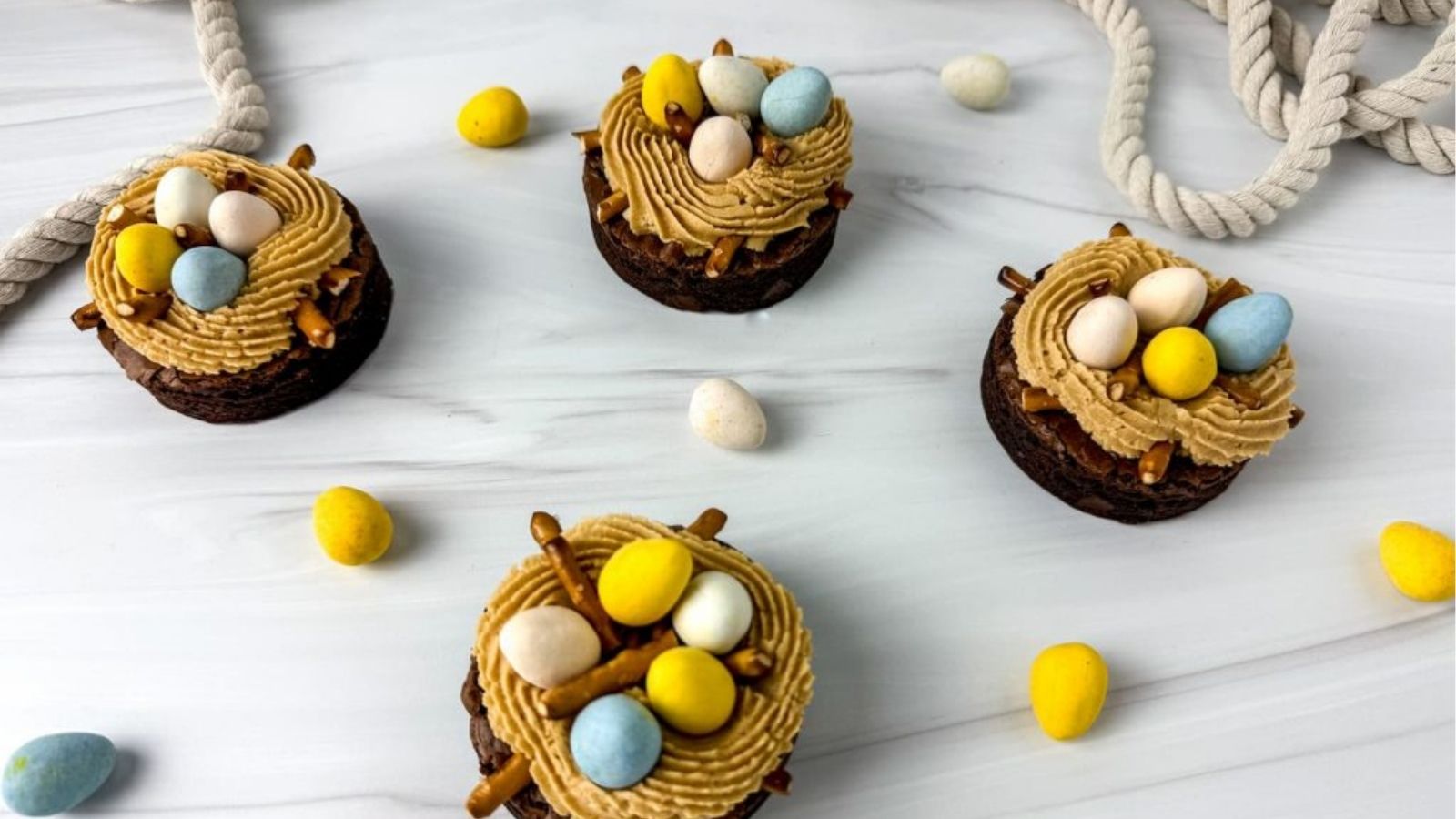 Close-up image of chocolate nest easter brownies.