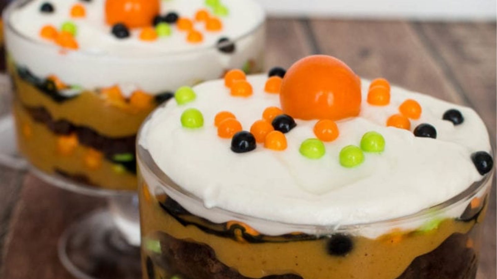 Close-up image of chocolate pumpkin trifles.