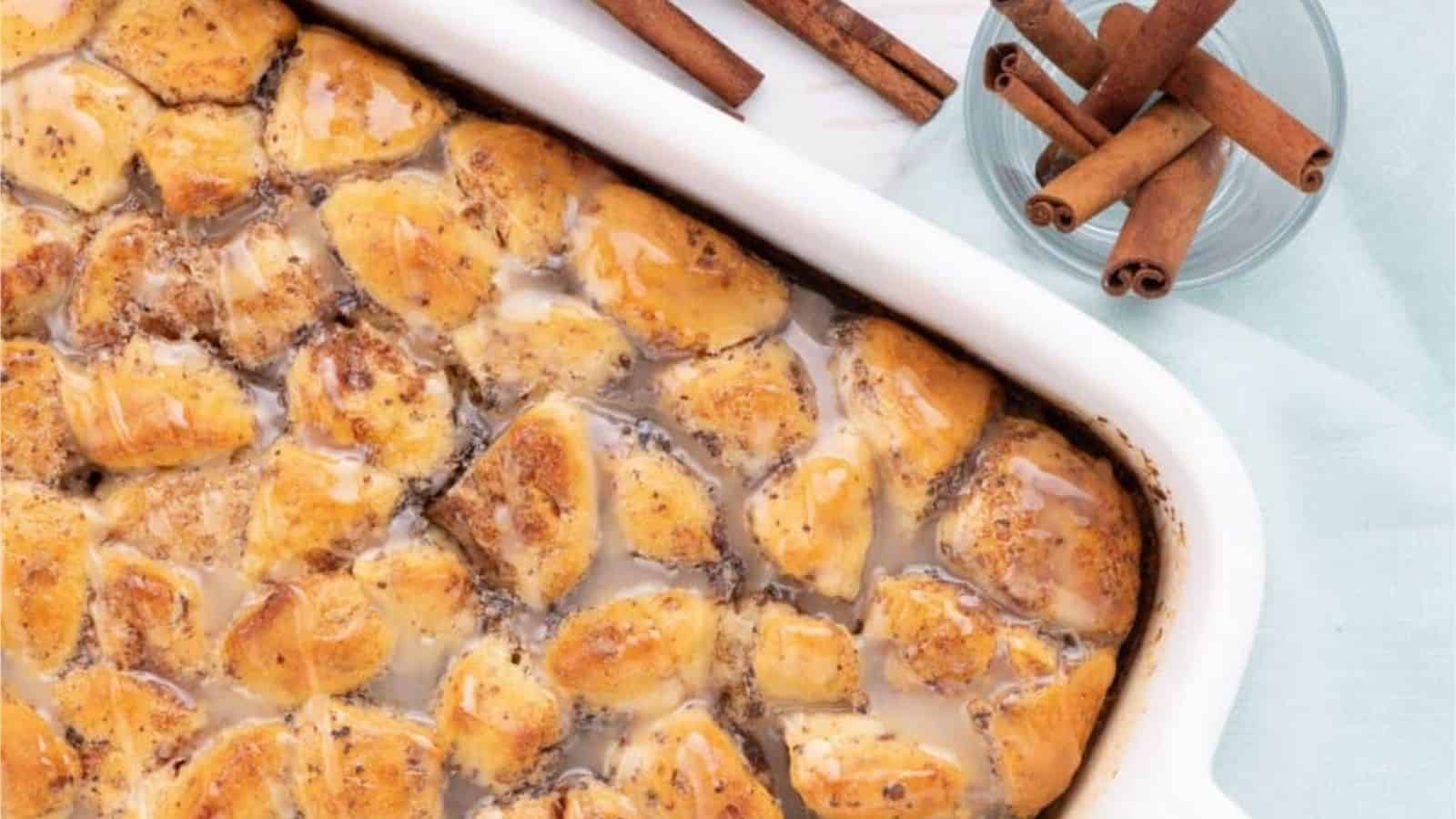 Overhead image of cinnamon roll casserole.