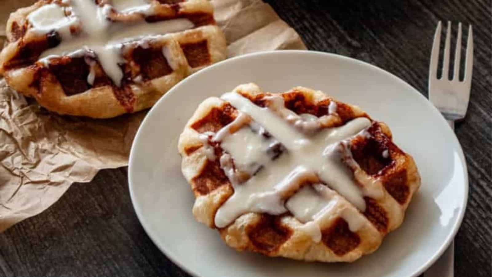 Close-up image of cinnamon roll waffles.