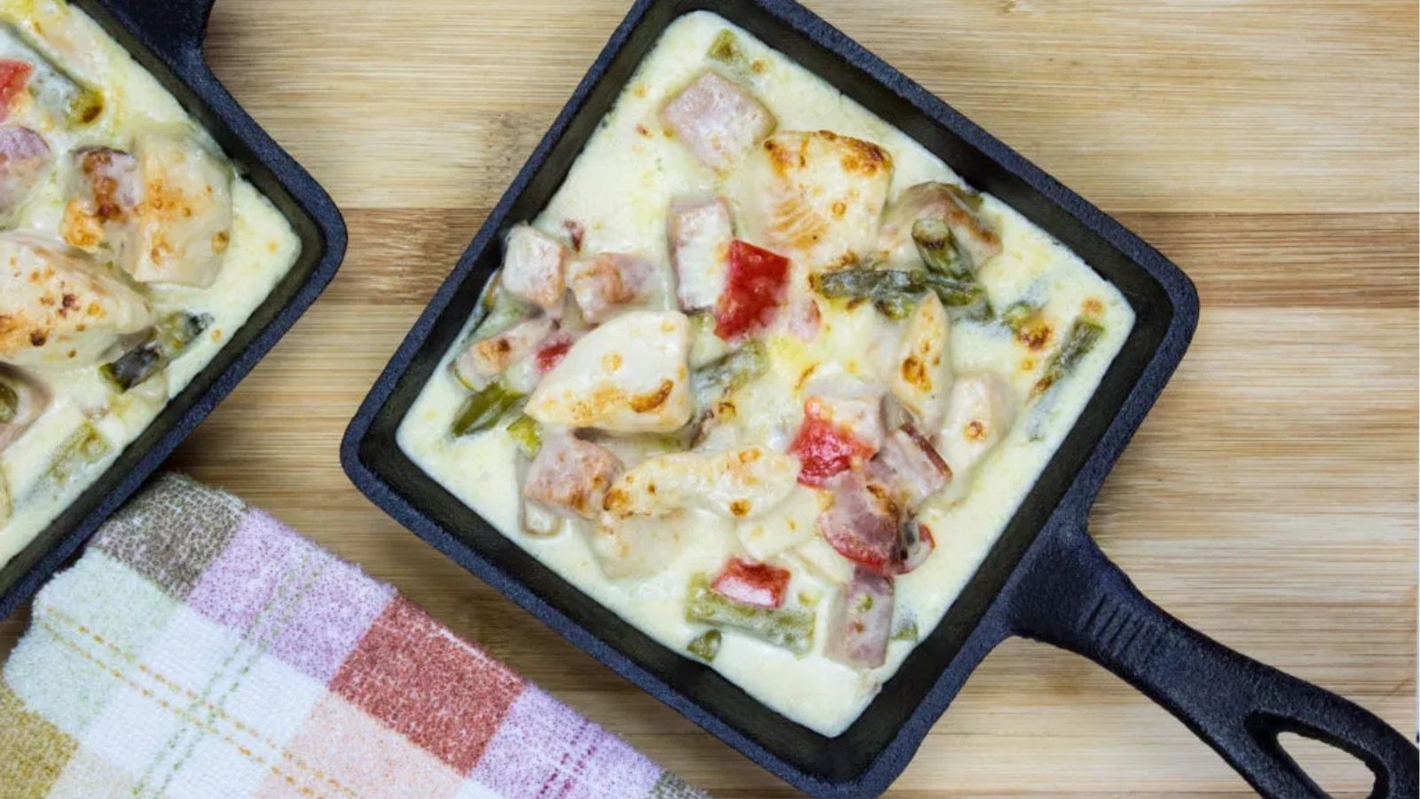 Overhead image of creamy chicken ham asparagus casserole.