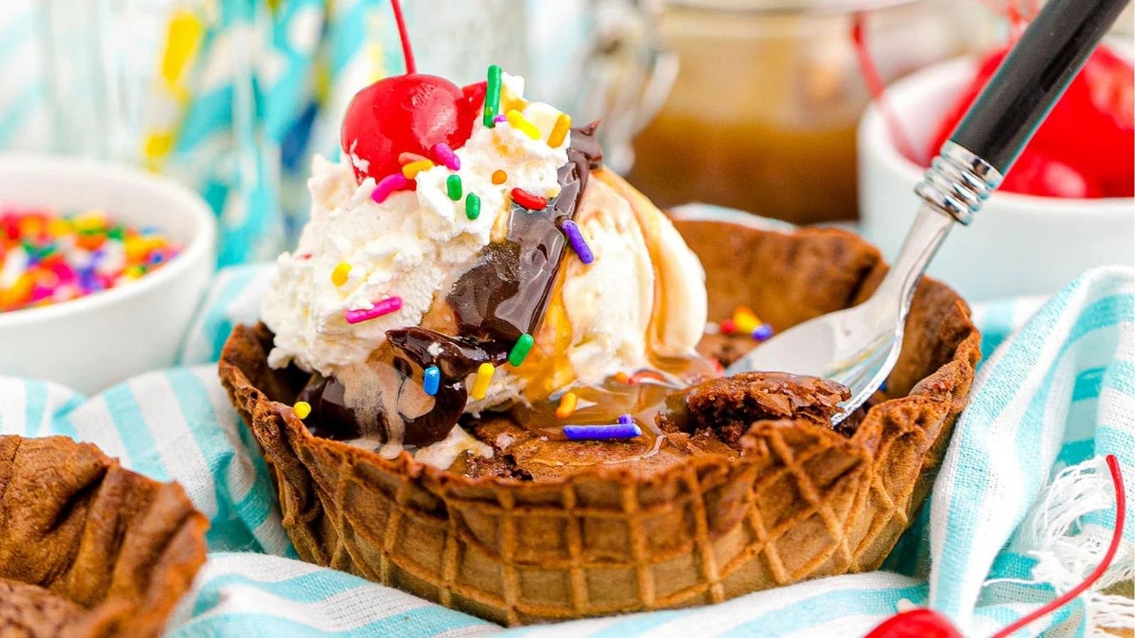 Close-up image of easy brownie sundae waffle bowls.