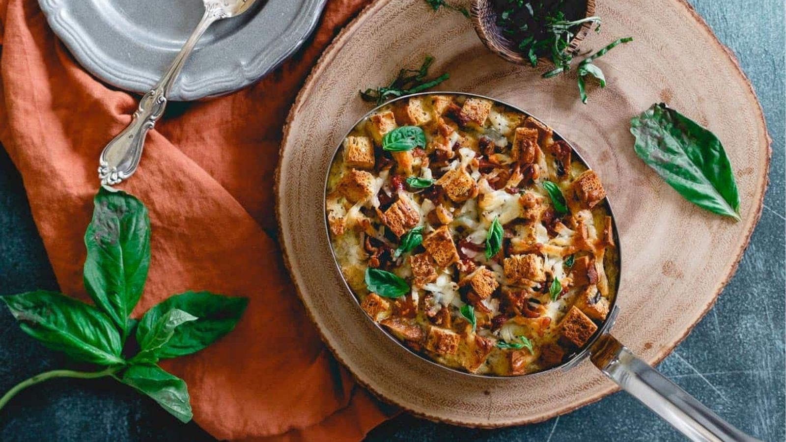Overhead image of everything bagel breakfast strata.