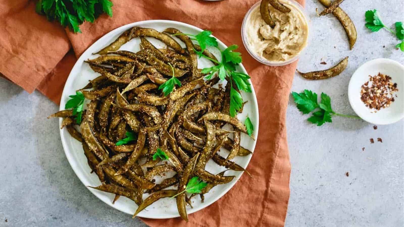 Overhead image of homemade snap pea crisps.