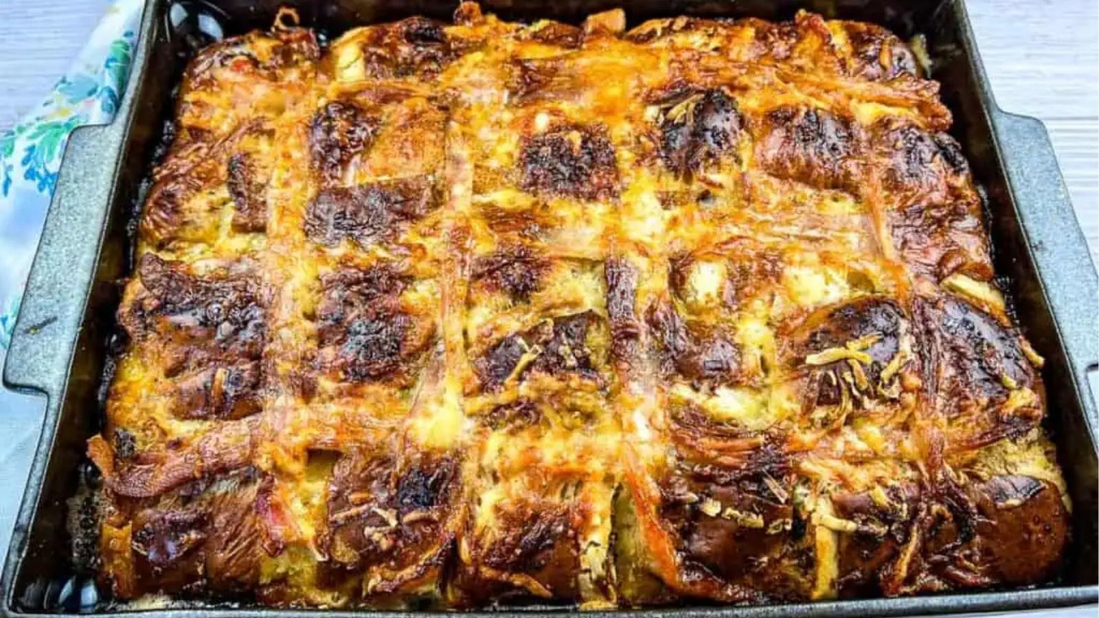 Close-up image of hot cross bun breakfast casserole.