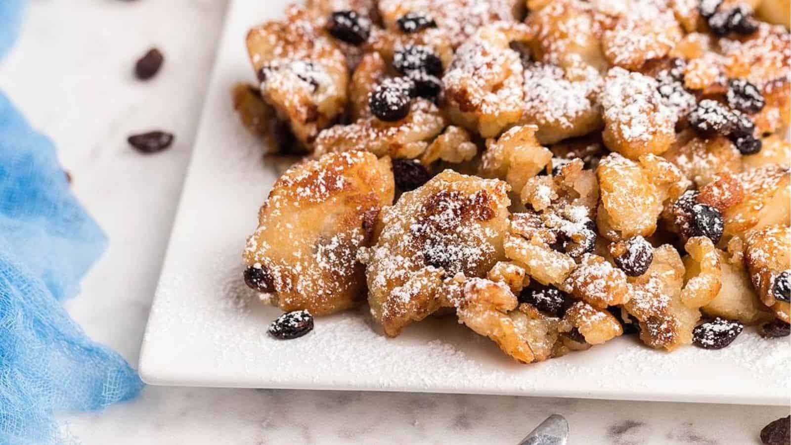 Close-up image of Kaiserschmarrn with bananas on a plate.