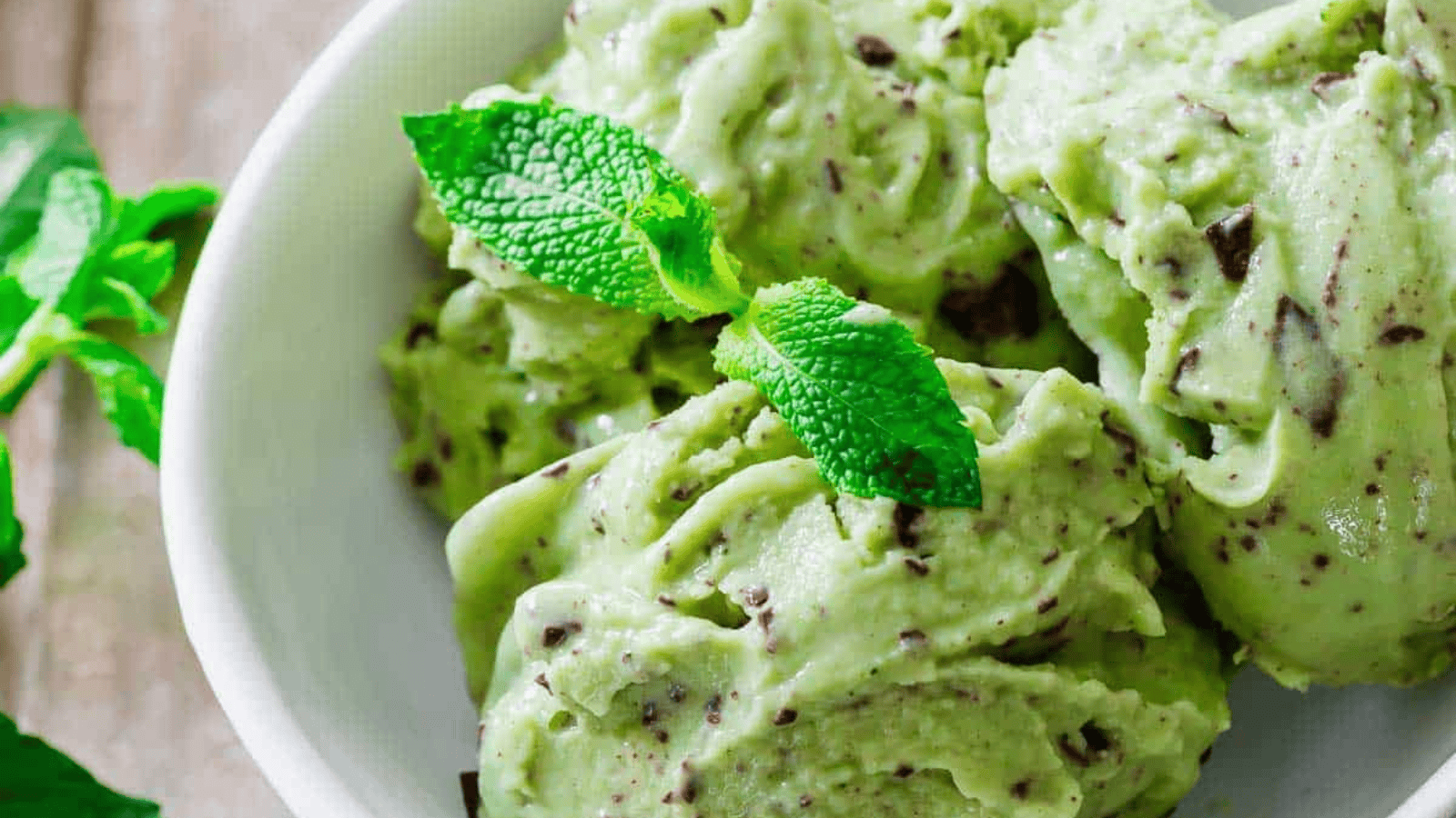 Matcha Mint Chocolate Chunk Ice Cream in a bowl.