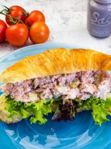 Old fashioned ham salad on a flaky croissant.