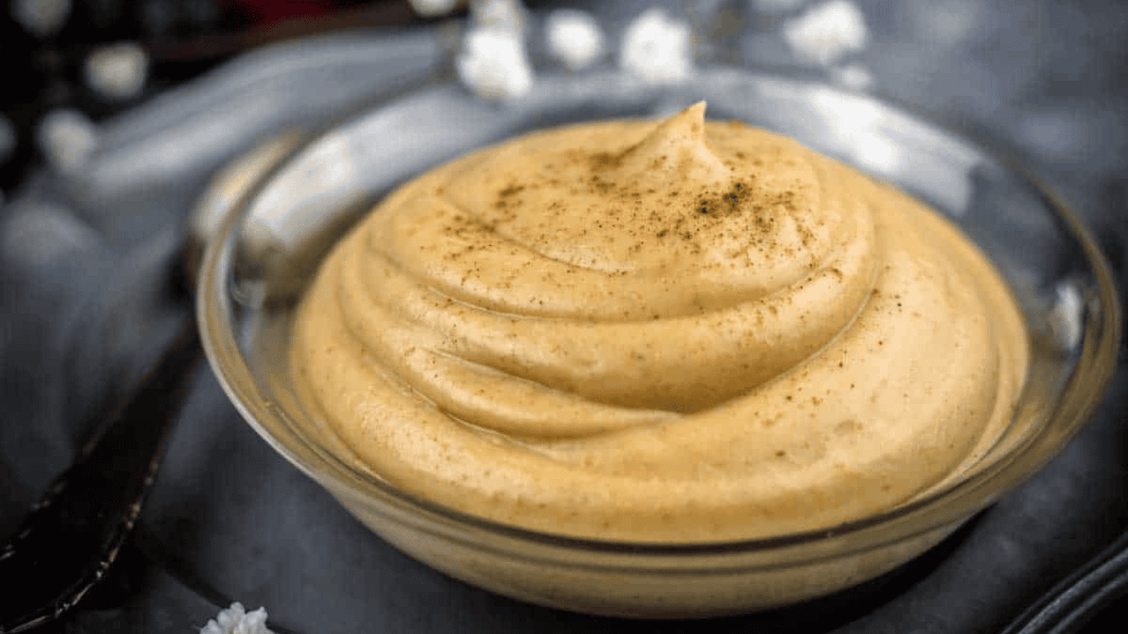 Peanut Butter Mousse iniside glass bowl.