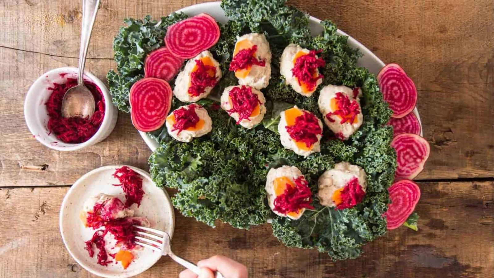 Overhead image if Polish Gefilte fish and beetroot horseradish chrein.
