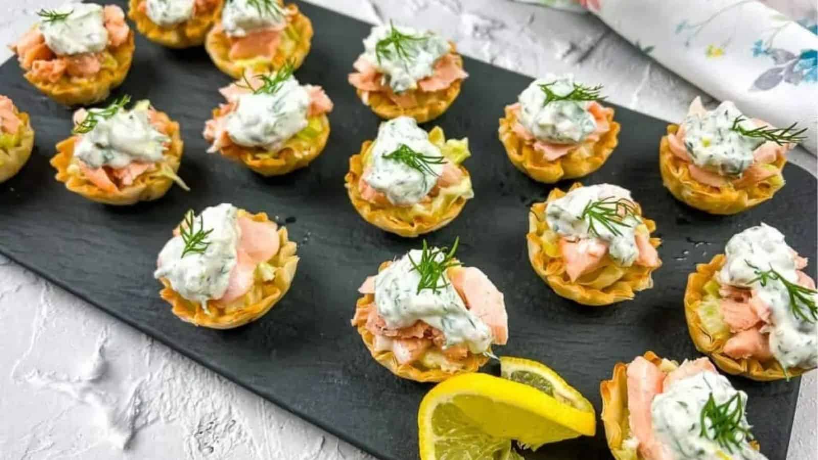 Close-up image of salmon leek & phyllo tartlets.