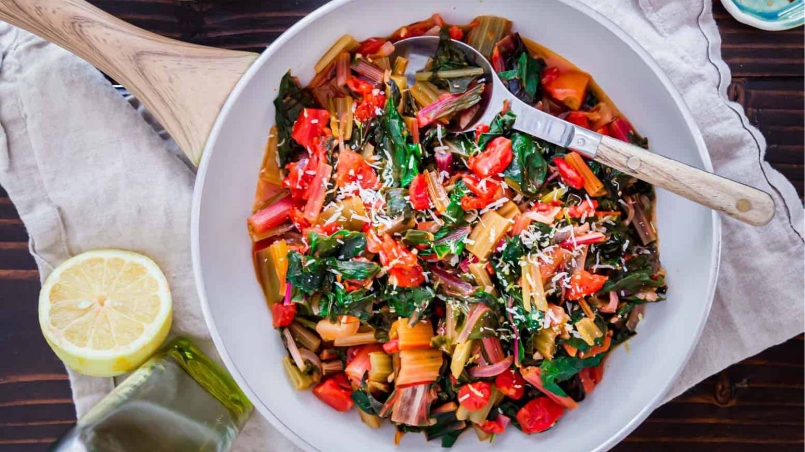 Overhead image of sauteed Swiss chard on a pan.
