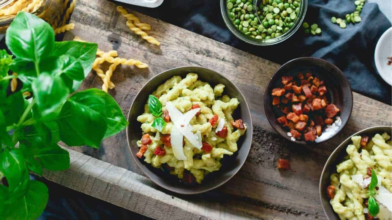 Overhead image of radish greens pesto in a glass.