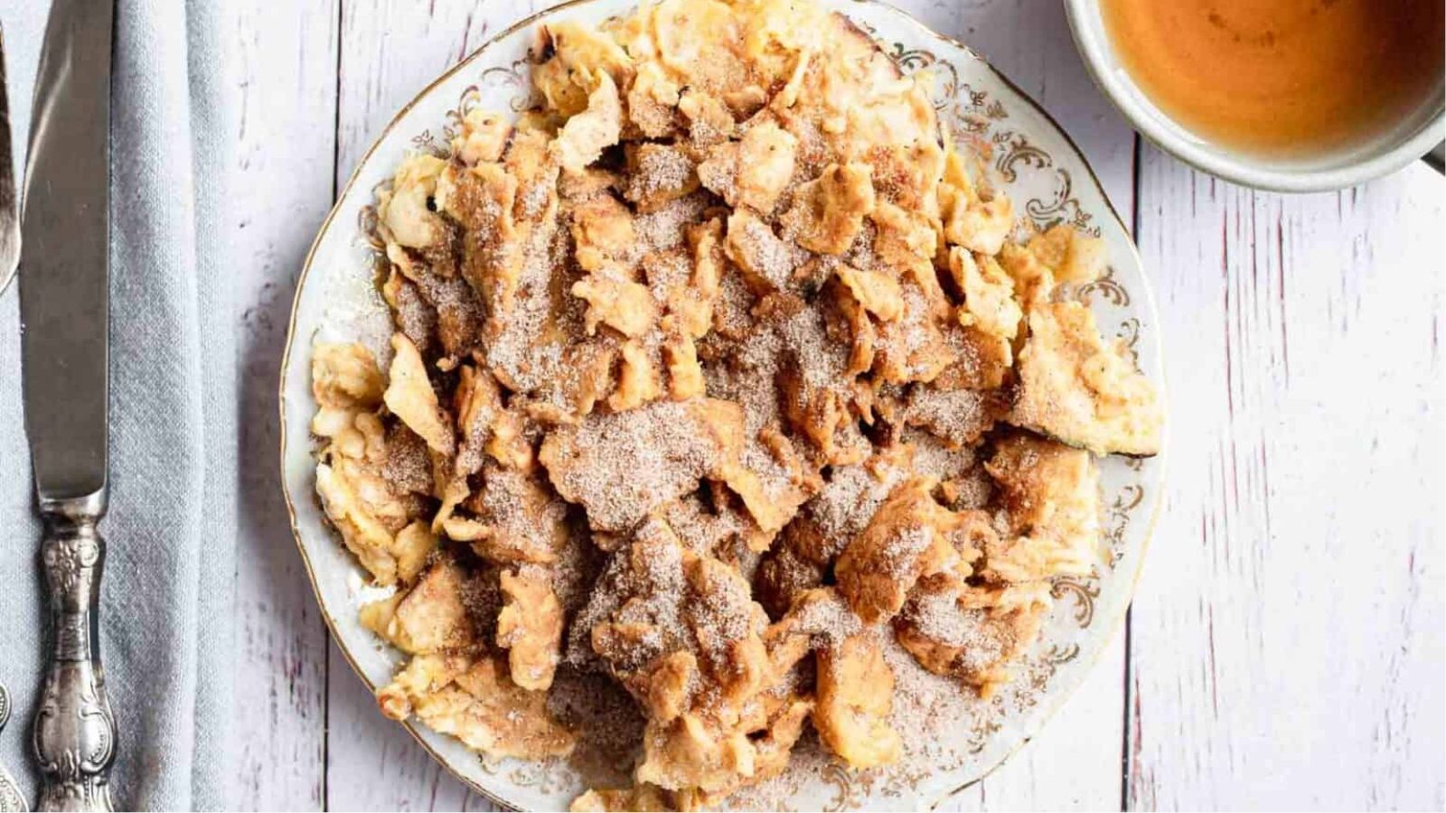 Overhead image of sweet matzo brei on a plate.