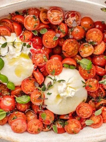 An overview of a bowl of Tomato Burrata Salad.