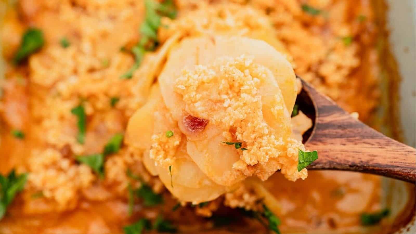A spoonful of vegan potato casserole being lifted.