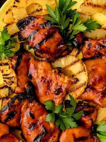 Hawaiian BBQ Chicken on a yellow plate.