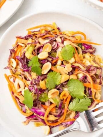 An overview of a plate of no-mayo coleslaw surrounded by ingredients.