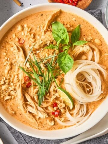 An overview of a bowl of Red Curry Chicken Noodle Soup.