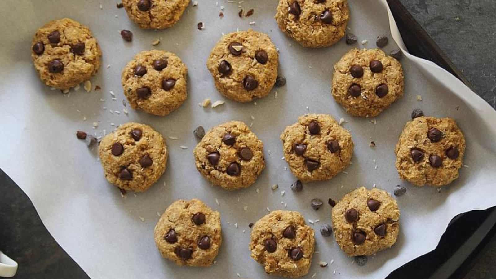 A top view of Sweet Potato Chocolate Chip Cookies on a tray.