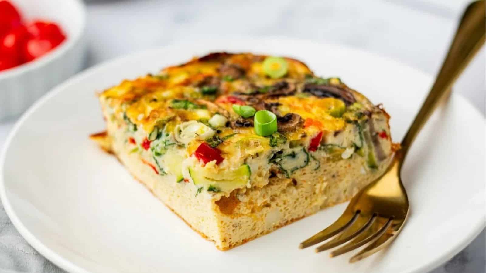 A slice of cottage cheese egg bake served on a plate.