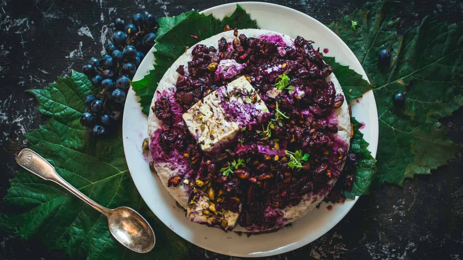 An overview of Enchanted Rice with Grapes, Feta, and Pistachios.